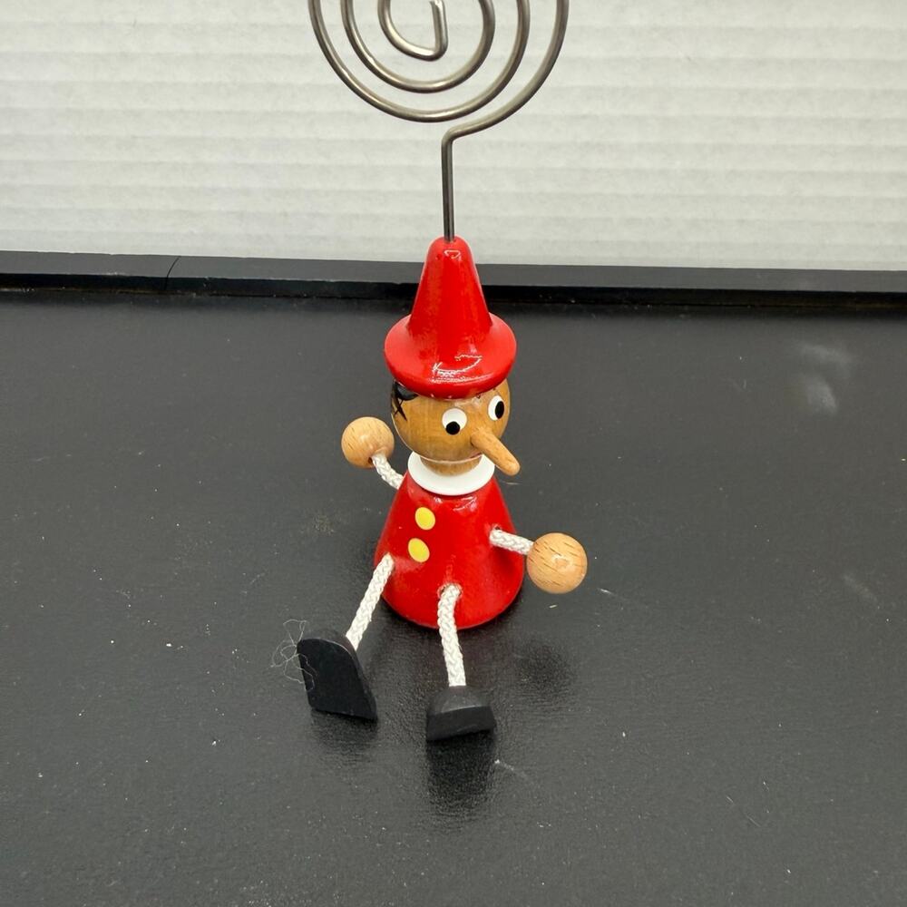 Vintage Wooden Pinocchio Toy Figurine Holder for Photos Notes Ornamental Red